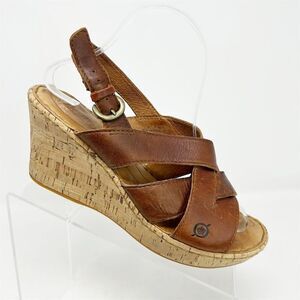 Born Women's Chestnut Brown Leather Slingback Wedge Sandals Size 9 Comfort